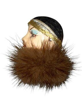 Vintage Art Deco Profile Lady Face Fur Hat Fancy Brooch Pin Black Hat 2.5'